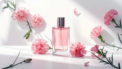 A pink perfume bottle sits amidst pink carnations in soft light, capturing floral beauty