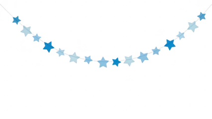 Blue starshaped confetti arranged in a semicircle pattern on transparent background for celebration or decoration