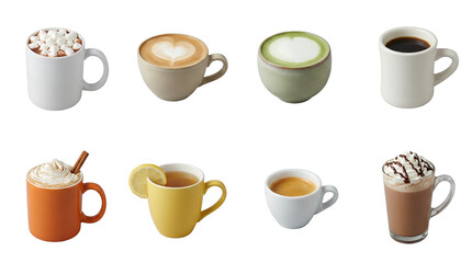 Hot beverage set including coffee, espresso, matcha latte, hot chocolate with marshmallows, and herbal tea isolated. Caf&eacute; drink collection.