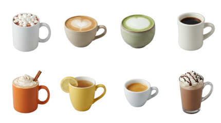 Hot beverage set including coffee, espresso, matcha latte, hot chocolate with marshmallows, and herbal tea isolated. Café drink collection.