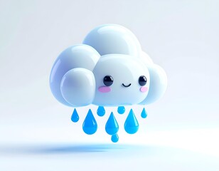 A glossy, cartoonish cloud with smiling face and blue raindrops