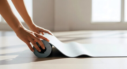 Fototapeta premium Woman hands rolling up a light grey yoga mat on wooden floor in bright room during daytime