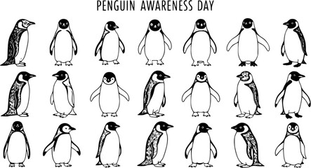 Penguin Awareness Day Black and White Line Art Vector Illustrations Set. Hand-drawn collection of diverse penguin species for nature, wildlife, and education themes. © arulumia