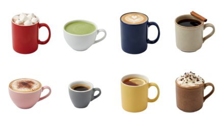 Hot beverage set including coffee, matcha latte, espresso, herbal tea, and hot chocolate isolated. Cafe and restaurant drink menu collection.