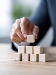 Building success professional using wooden blocks in modern office business environment focused perspective