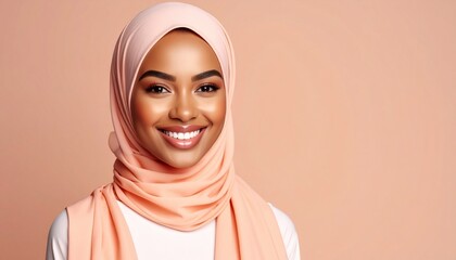 Portrait of a smiling Black woman wearing a peach hijab, with a neutral background