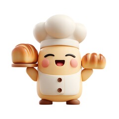 Cheerful 3d cartoon round baker holding a fresh loaf of bread wearing a chef hat illustrating culinary professions and bakery concepts