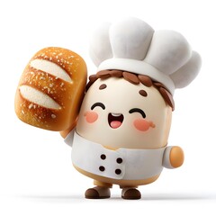 Cheerful 3d cartoon round baker holding a fresh loaf of bread wearing a chef hat illustrating culinary professions and bakery concepts