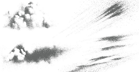 Abstract stippled cloud-like shapes and dynamic streaking lines in monochrome gray, offering textured visual for creative projects