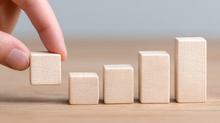 Building success hand placing wooden blocks on a table minimalist studio conceptual growth visualization