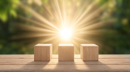 Morning light illuminating wooden blocks nature setting still life warm environment close-up minimalist design
