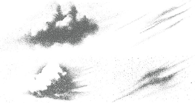 Collection of abstract stippled cloud-like forms and scattered dot patterns in monochrome gray, providing textured for artistic backgrounds