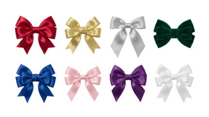 Satin and velvet ribbon bow set including red, gold, silver, green, blue, pink, purple, and white variants. Decorative gift wrapping and holiday ornament collection.