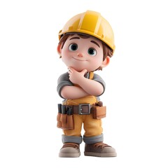 Round and chubby 3d cartoon construction worker wearing a hard hat and vest illustrating building and industrial labor jobs