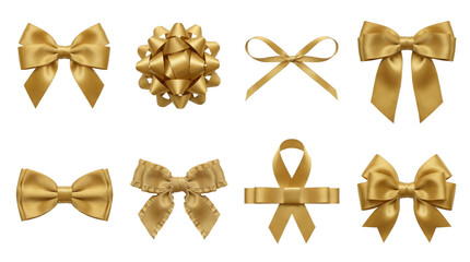 Gold satin ribbon bow set including pompom, shoelace, butterfly, and ruffled styles isolated. Elegant gift wrapping and festive decoration collection.