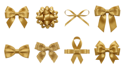 Gold satin ribbon bow set including pompom, shoelace, butterfly, and ruffled styles isolated. Elegant gift wrapping and festive decoration collection.