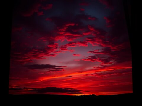 Crimson sky bleeds into twilight's abyss, fractured by oblique light, ,  dutch angle