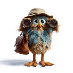 Round and chubby 3d cartoon ornithologist observing birds with binoculars illustrating nature study and wildlife conservation concepts