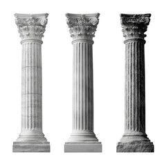 Three ancient greek columns isolated on transparent background