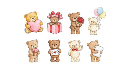 Fototapeta premium Cute teddy bear set including characters with heart, gift, flowers, balloons, cupcake, letter, and pillow isolated. Watercolor nursery illustration collection.