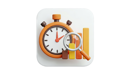 Time analysis with stopwatch, magnifying glass, and bar chart