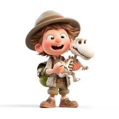 Round and chubby 3d cartoon paleontologist holding a dinosaur bone fossil illustrating history and archaeology science professions