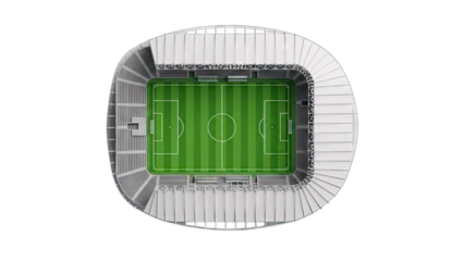 Top-down view of a modern football stadium with a green pitch