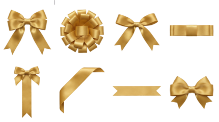 Gold satin ribbon set including decorative bows, tied knots, straight strips, and corner wraps isolated. Luxury gift packaging and celebration ornament collection.