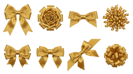 Gold satin ribbon set including bows, rosettes, curly loops, and corner wrap isolated. Elegant gift wrapping and holiday decoration elements.