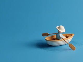 Determined 3d cartoon rower in a boat using oars on calm blue water illustrating teamwork and water sports concepts