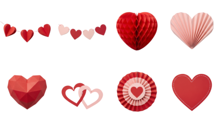 Red paper heart set including garland, honeycomb, faceted, and pleated designs isolated. Valentine's Day party and wedding decoration collection.