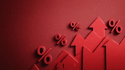 Red percent signs increase on upward jagged arrow on red background