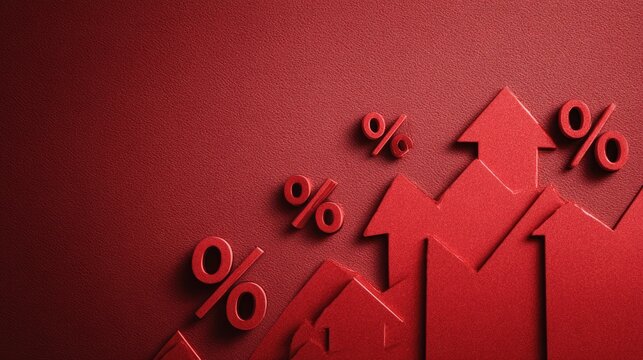 Red percent signs increase on upward jagged arrow on red background