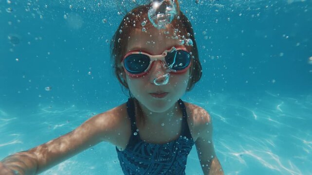 Girl swims underwater in the pool. Pre teen girl feels herself comfortable and relaxed underwater. Little girl dives and swims in the pool
