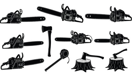 A collection of forestry tools in a striking black silhouette