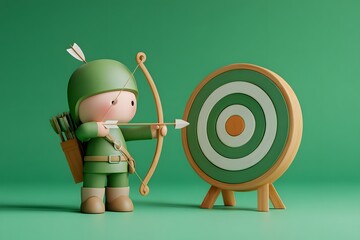 Focused 3d cartoon archer releasing an arrow from a bow aiming at a target with precision and skill illustrating concentration and accuracy