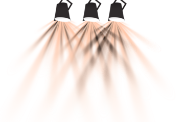 Three powerful stage spotlights illuminating a dark background with warm, spreading light beams isolated on transparent background