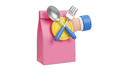 3D Render of Takeaway Food Bag with Cutlery and Coin Icon