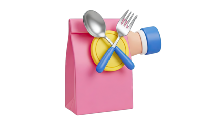 3D Render of Takeaway Food Bag with Cutlery and Coin Icon