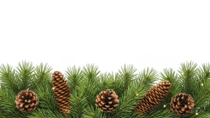 Natural pine branch with pinecones and green needles arranged on a transparent background for winter or holiday themes