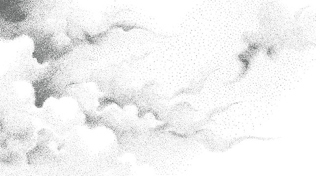 Ethereal stippled depiction of swirling clouds and mist in a grayscale palette, creating a sense of mystery, depth, and atmospheric abstraction