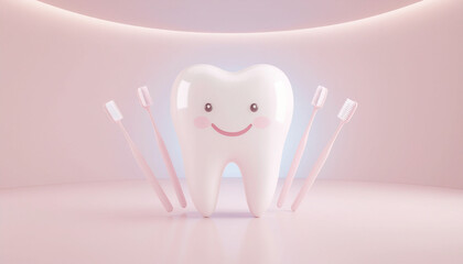 Happy Cartoon Teeth Holding Toothbrushes.