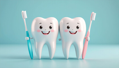 Happy Cartoon Teeth Holding Toothbrushes.