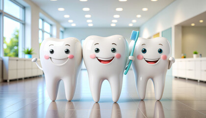 Happy Cartoon Teeth Holding Toothbrushes.