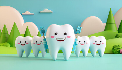 Happy Cartoon Teeth Holding Toothbrushes.