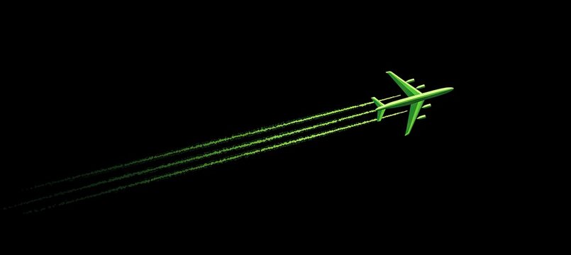Green Airplane Flying Across Dark Sky with Vibrant Contrails - Powered by Adobe