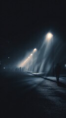 Mysterious Night Walk: Street Lights Illuminate Foggy Pathways