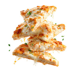 Stacked cheesy bread wedges, golden crust, melted cheese, against a black background