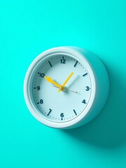 Close up of white plastic wall clock, yellow second hand moves against turquoise background ,  concept,  copy space
