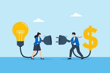 Flat illustration of businessman and businesswoman connecting power plugs between light bulb and dollar sign symbolizing idea monetization innovation funding and turning creativity into profit © VZ_Art